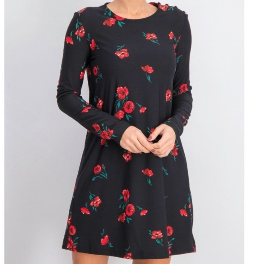 NWT Mango Vera Black and Red Floral mini long sleeve dress